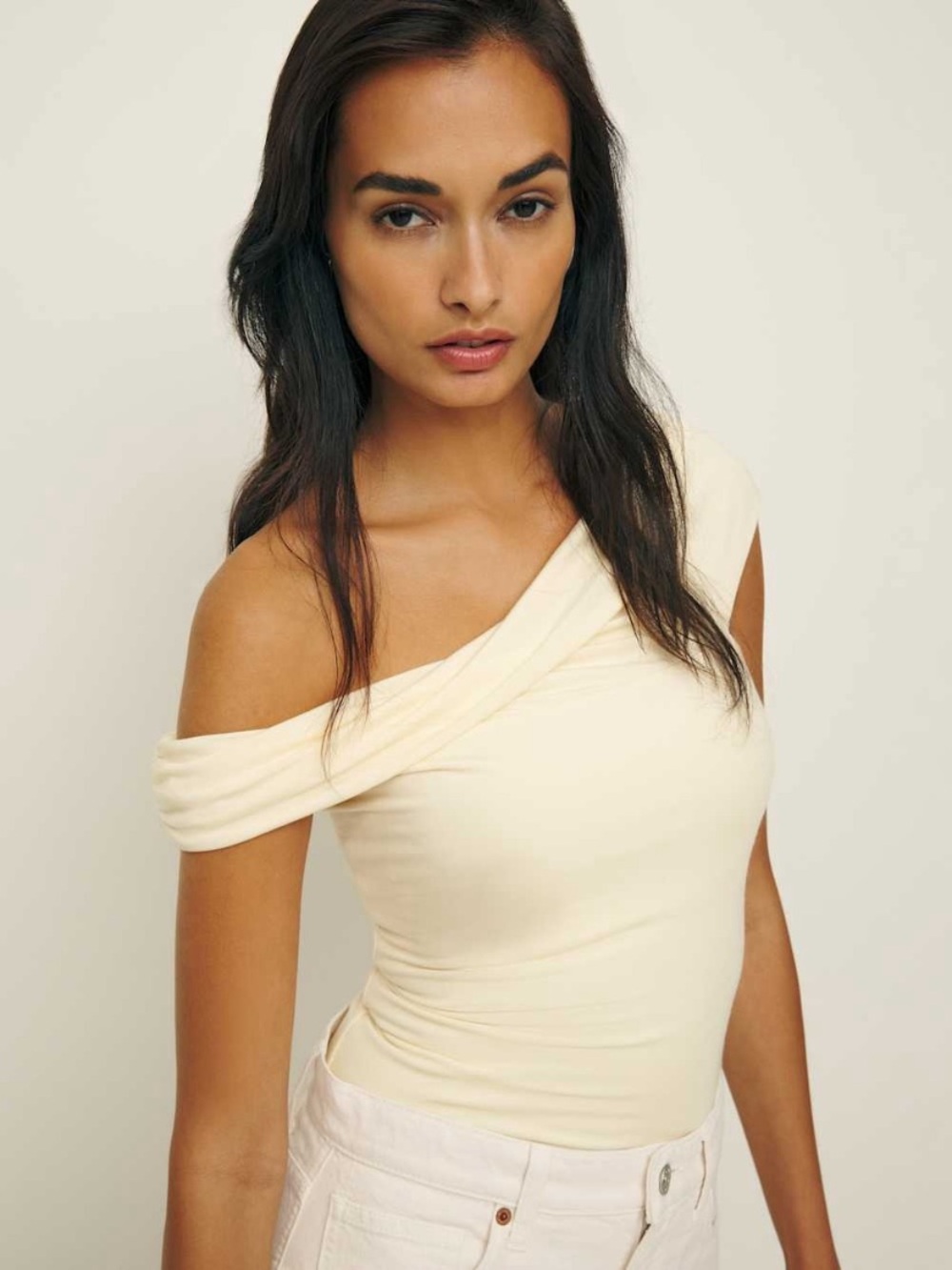 Reformation Eve Knit Cream One-Shoulder Draped Top Small